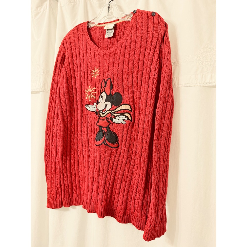 Disney Store Minnie Mouse Red Cable Knit Sweater Winter Snowflake Women XL - Picture 3 of 10